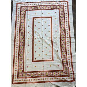 Vtg 60s Red Orange Geometric Floral Rectangle Tablecloth Linen Cotton Ethnic